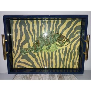 LH Design: Navy, Green, & Mustard Mosaic Fish Design - Serving Tray Gold Handles